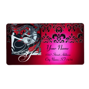 Etiqueta ART NOUVEAU ROJO ORO NEGRO DAMASK MONOGRAM ,ruby
