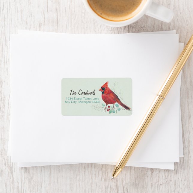 Etiqueta Arte de acuarela del cardenal rojo del norte (In situ)