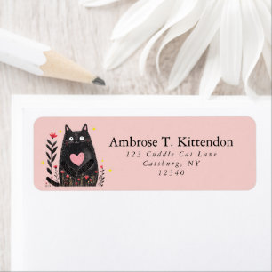 Etiqueta Arte de gato negro en acuarela boho lindo rosa