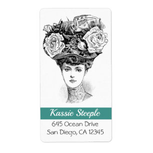 Etiqueta Arte de mujer de los 1800 con sombrero floral