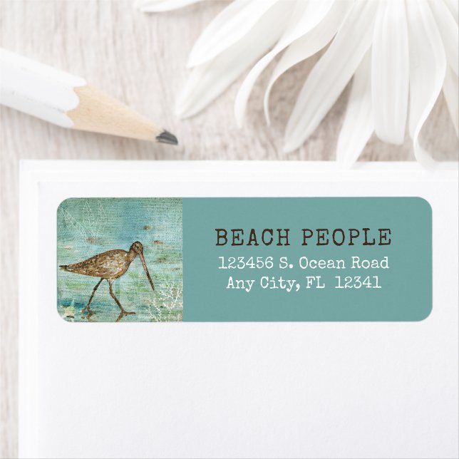 Etiqueta Arte de Playa Coastal Bird Snipe (Customizable Coastal Bird Snipe Beach Art Label from Jenn's Emporium.)