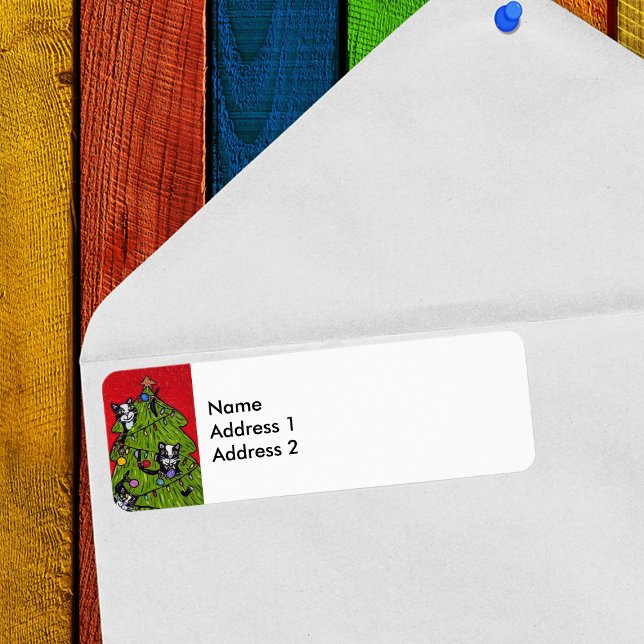 Etiqueta Arte Popular Cats Árbol de Navidad (Naughty tuxedo Cats in decorated Christmas Tree on return address labels.)