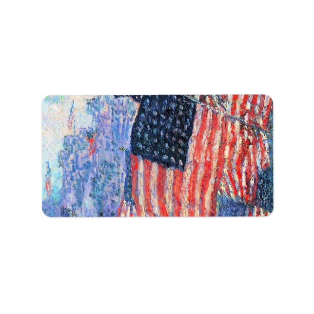 Etiqueta Avenida en lluvia por Frederick Childe Hassam (Frente)