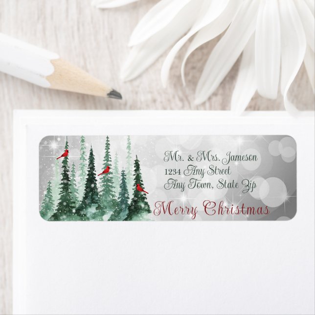 Etiqueta Aves cardinales del bosque de pinos navideños (In situ)