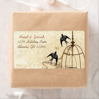 Etiqueta Aves Vintage Damask Swallow Brown Bird Cage