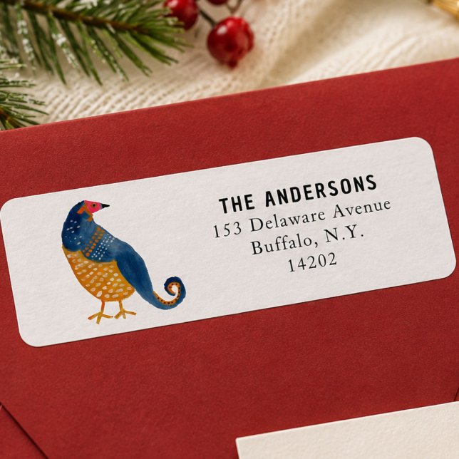 Etiqueta Azul Caprichoso de la Perdiz Dirección de Retorno  (This Christmas address label features your address alongside my artwork of a blue and gold bird.)