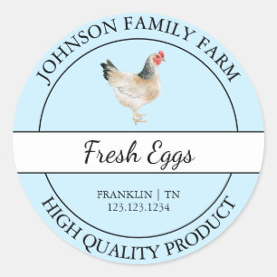 Etiqueta azul de huevo de pollo fresco de granja