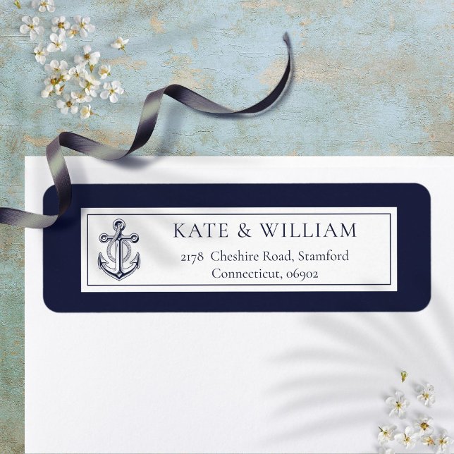 Etiqueta Azul Marino Ancla Dirección de Devolución (Navy Blue Nautical Anchor Return Address Label)