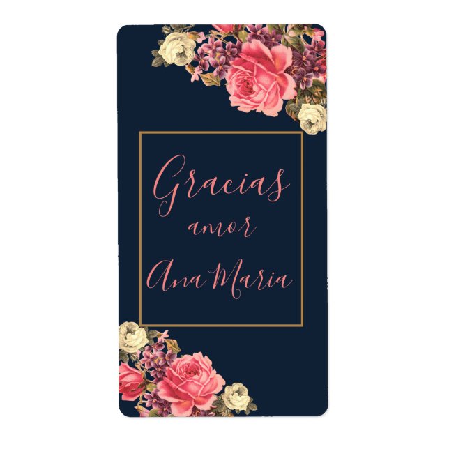 Etiqueta Azul marino Rosa "infundida de amor" personalizada (Frente)