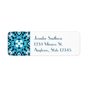 Etiqueta Azulejos marroquíes florales, índigo, azul cielo y