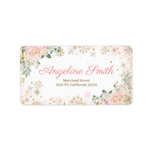 Etiqueta Baby Shower de copos de nieve con flores rosadas e