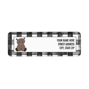 Etiqueta Baby Shower de oso negro + blanco de Gingham