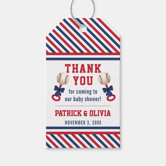 Etiqueta Baby Shower Favorito de béisbol, azul, ro (Anverso)