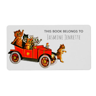 Etiqueta Baby Shower Funny Cartoon Cats Retro Car Purple