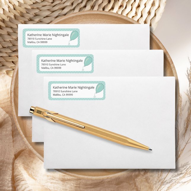 Etiqueta Baby Shower Género Neutral Mint Green BOHO (Baby Shower Mint Green Gender-Neutral Return Address Label with white polka dots, balloon.)