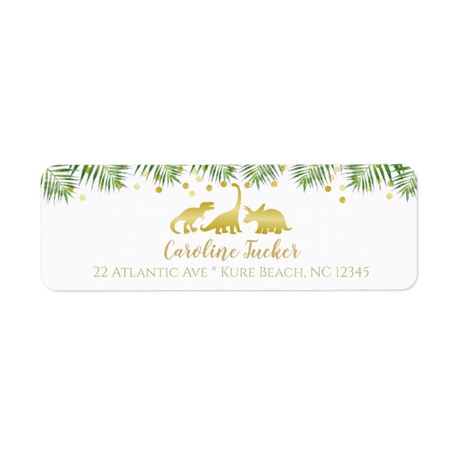 Etiqueta Baby Shower Gold Dinosaur Tropical Greenery (Frente)