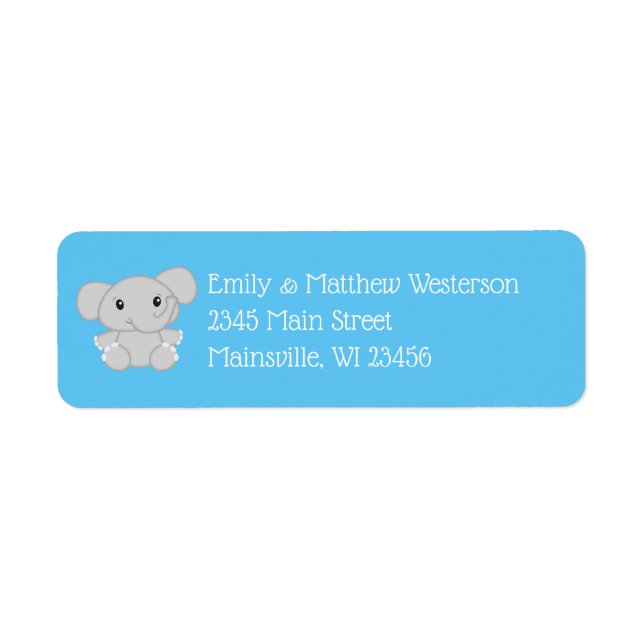 Etiqueta Baby Shower para elefantes azules (Frente)