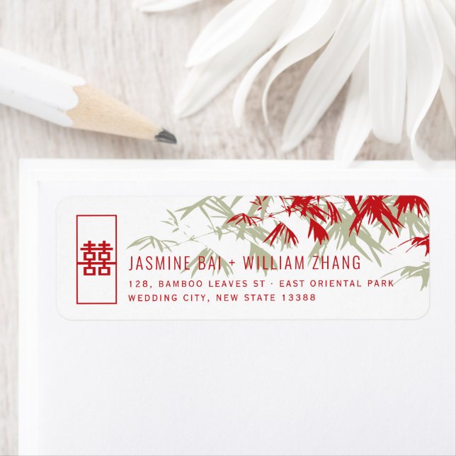 Etiqueta Bambú rojo y mosca deja dirección Boda china (In situ)