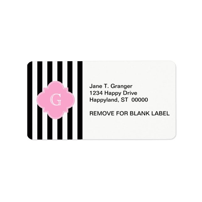 Etiqueta Banda blanca negra, monograma de quatrefoil rosado (Frente)