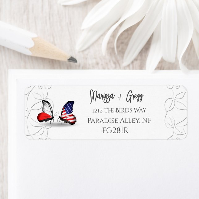 Etiqueta Bandera Americana Mariposa Roja Blanca (In situ)