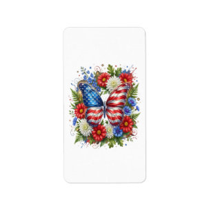 Etiqueta Bandera Americana Roja Blanca Azul Floral Mariposa