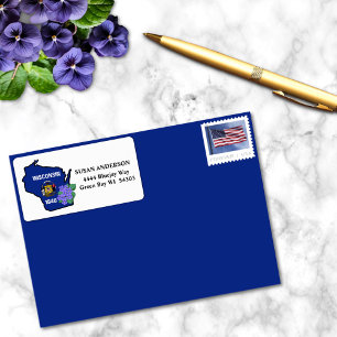 Etiqueta Bandera del estado de Wisconsin y violeta azul flo