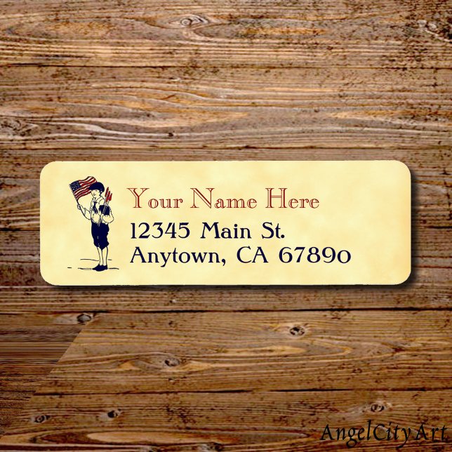 Etiqueta Bandera estadounidense patriótica y dirección del  (Patriotic us flag boy with fireworks label)