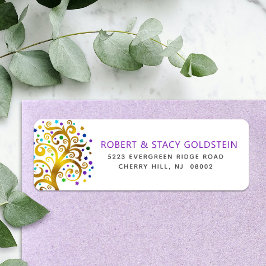 Etiqueta Bat Mitzvah Purple Gold Tree o Life Return Address