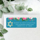 Etiqueta Bat Mitzvah Verde azulado Blue Gold Floral Return<br><div class="desc">Estar orgulloso, regocijarse y celebrar este hito de su Bat Mitzvah favorito cada vez que use esta sofisticada y personalizada etiqueta de dirección de retorno! Una moda, una impresionante acuarela color rosa melocotón, un falso Relieve metalizado dorado Estrella de David y un moderno tipo serif de sans blancos, dominan un...</div>