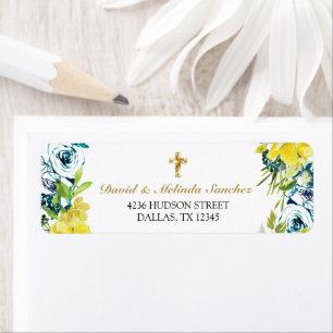 Etiqueta Bautismo de Niña con Cruz de Oro Floral Amarillo