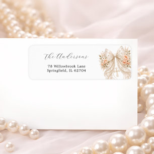Etiqueta Bautismo Elegante Lazo Floral y Perla