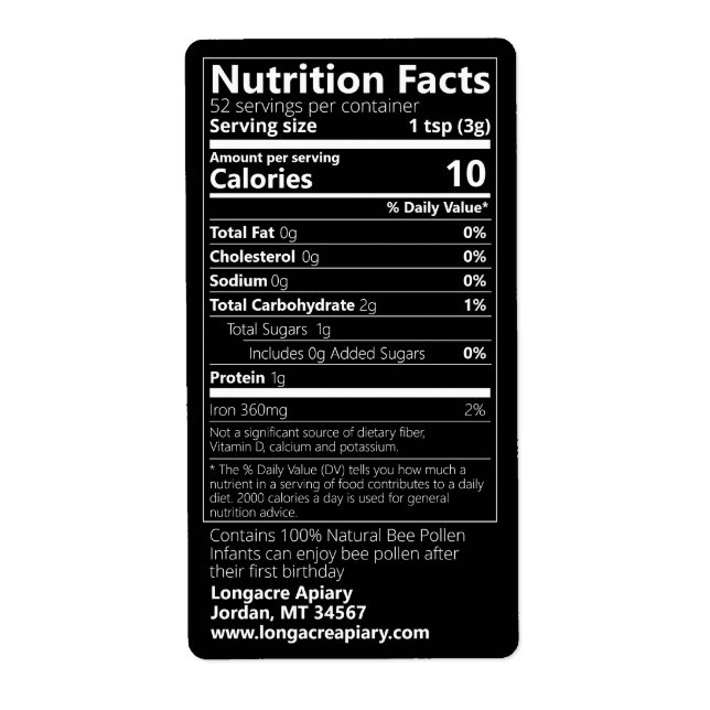 Etiqueta Bee Pollen Nutrition Facts Black Product (Frente)