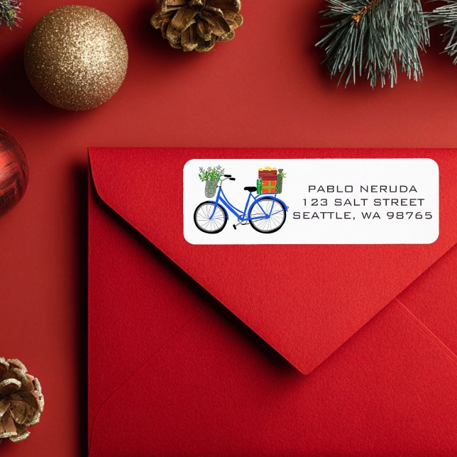 Etiqueta Bicicleta navideña con PERSONALIZADO de regalo Eti (Cute Xmas Bike with Gifts CUSTOM Return Address Mailing Label Sticker
)