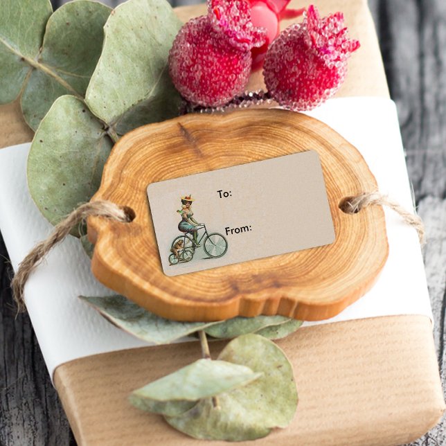 Etiqueta Bicicleta virgen Lady Dog (Victorian lady and her bulldog riding bicycles on tag gift tag labels.)