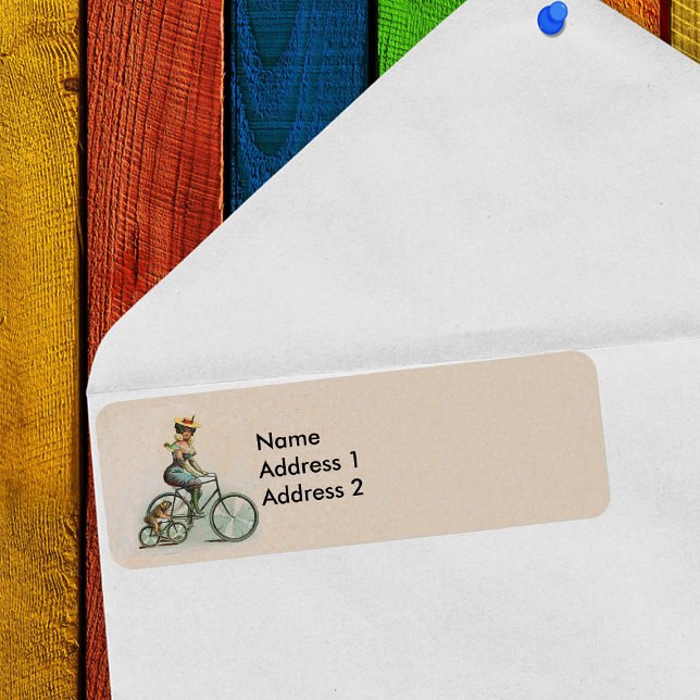 Etiqueta Bicicleta virgen Lady Dog (Return address label with Victorian lady and bulldog riding their bicycles on tan background.)