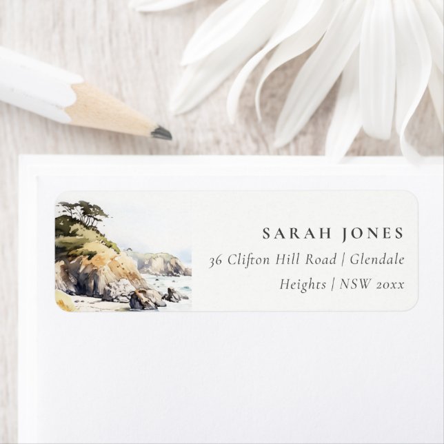 Etiqueta Big Sur, California Watercolor Landscape Address (In situ)