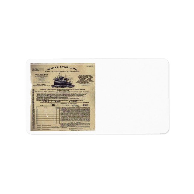 Etiqueta Billete para RMS Titanic 1912 (Frente)