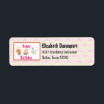 Etiqueta Birthday Cake with Party Lion and Balloon Sheep<br><div class="desc">Birthday party / happy birthday address labels.  Designed with a cute illustration of a smiling lion wearing a party hat,  a fuzzy sheep with birthday balloons and a birthday cake with 3 candles.. Set on a pink,  green and yellow geometric pattern.</div>