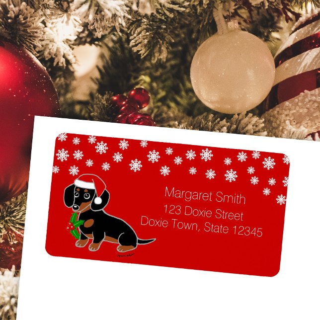 Etiqueta Black and Tan Dachshund Santa Labels (Black and Tan Dachshund Santa Design Christmas Return Address Labels for Dachshund Owners.  In red.)
