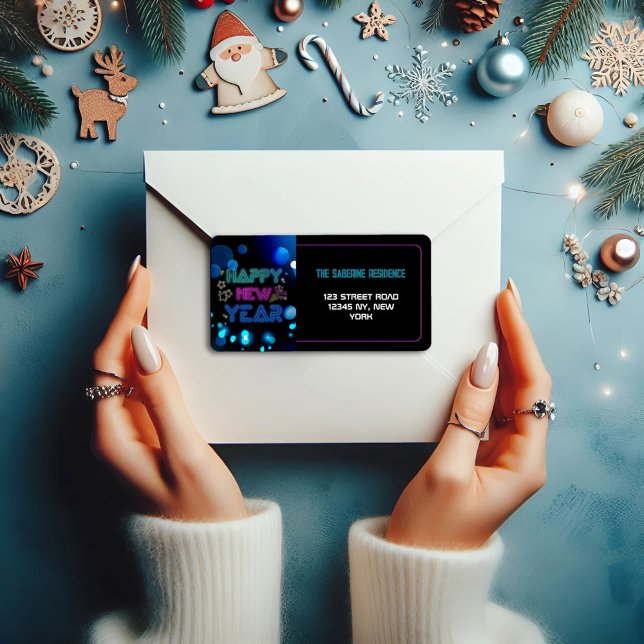 Etiqueta Black & Blue Midnight Sparkle Neon Glow New Year  (Subido por el creador)