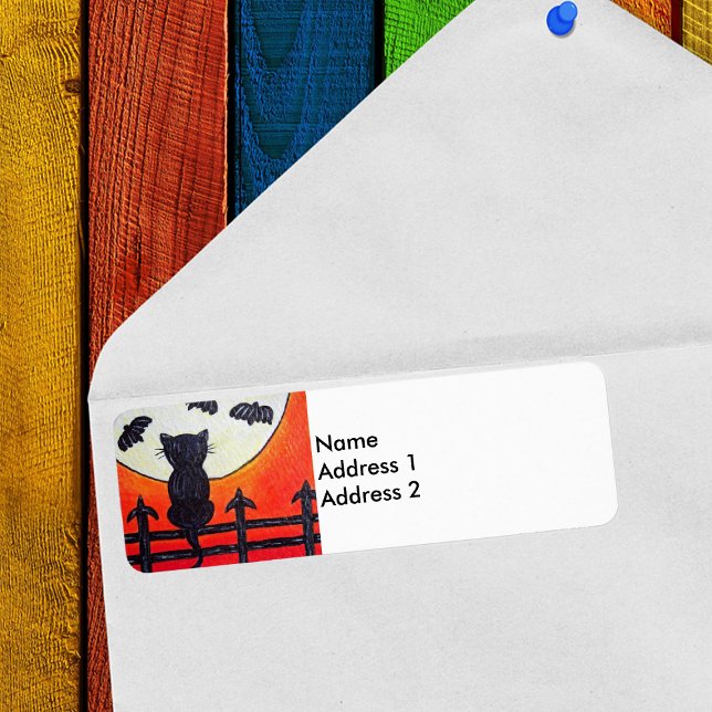 Etiqueta Black Cat Fence Moon Bats (Black cat on fence watching bats in full moon on orange return address labels.)