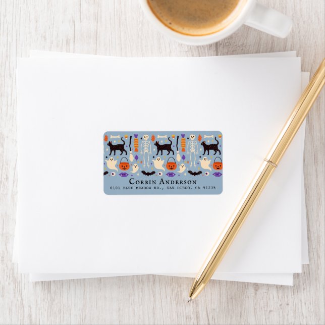Etiqueta Black Cat Halloween Motifs Blue Address (In situ)