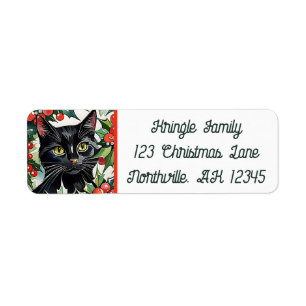 Etiqueta Black Cat & Holly Meowy Navidades Return Address