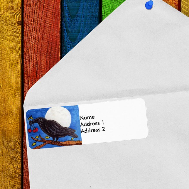 Etiqueta Black Crow Cherries Moonlight (Black crow holding cherries full moon on a branch return address labels.)