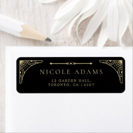 Etiqueta Black Elegant Art Deco Gold Retro Wedding Address