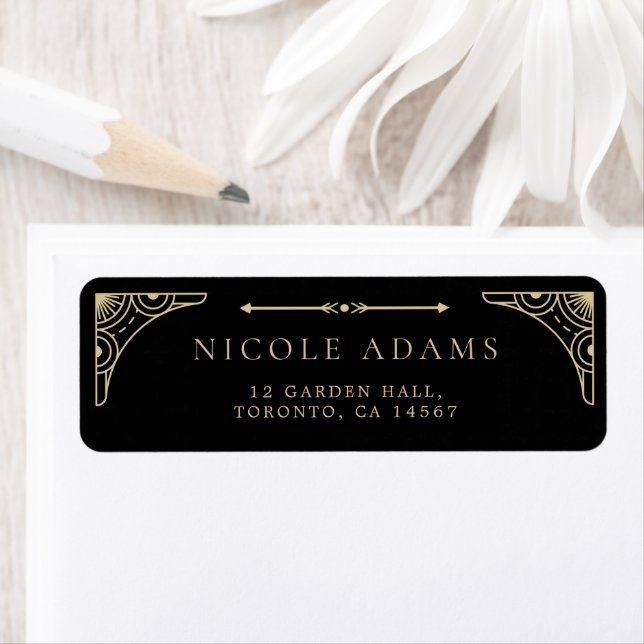 Etiqueta Black Elegant Art Deco Gold Retro Wedding Address (In situ)