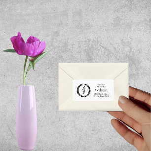 Etiqueta Black Elegant Monogram Wreath White Return Address