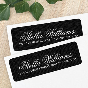 Etiqueta Black faux linen romántico script dirección de ret