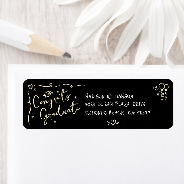 Etiqueta Black Gold Hand Drawn Doodle Graduation Address (In situ)