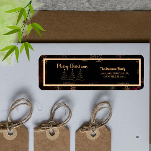 Etiqueta Black Gold Merry Christmas Tree Return Address